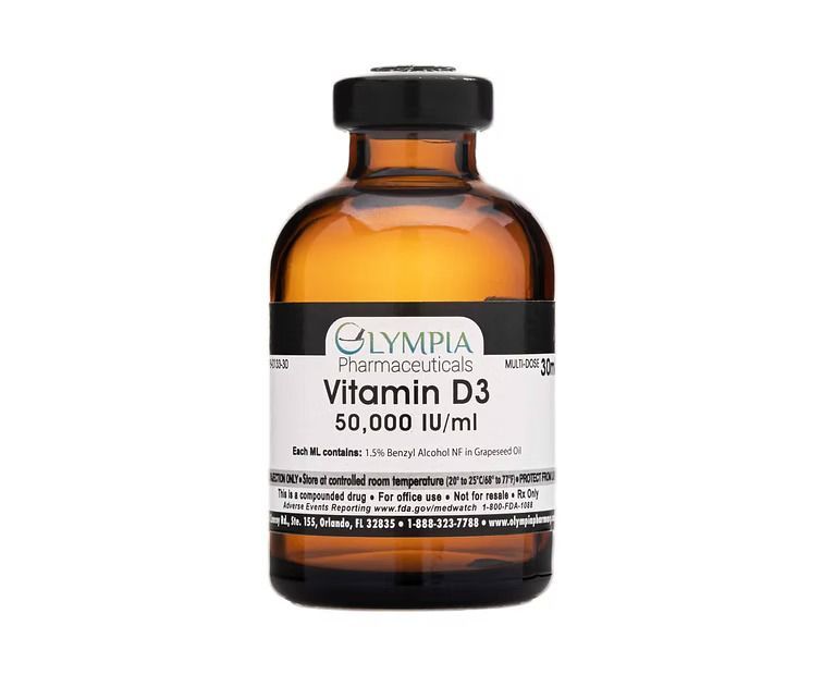 Amber glass vial of Lympia Vitamin D3, 50,000 IU/ml, with a black label and cap.