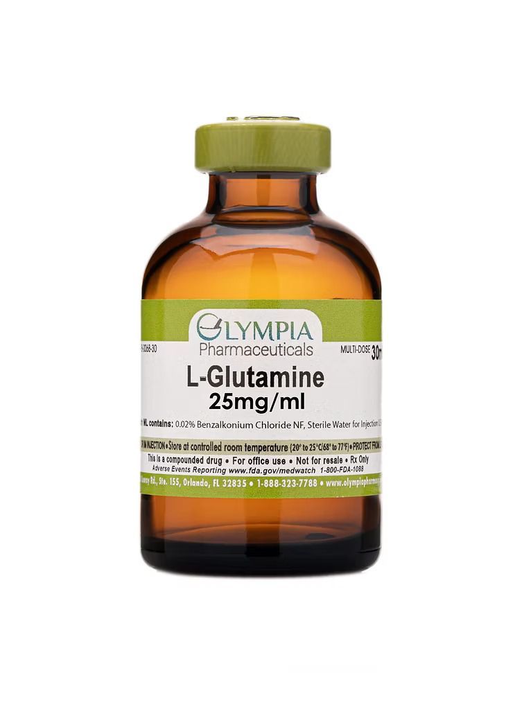 Brown vial of L-Glutamine, 25mg/ml, from Olympia Pharmaceuticals.