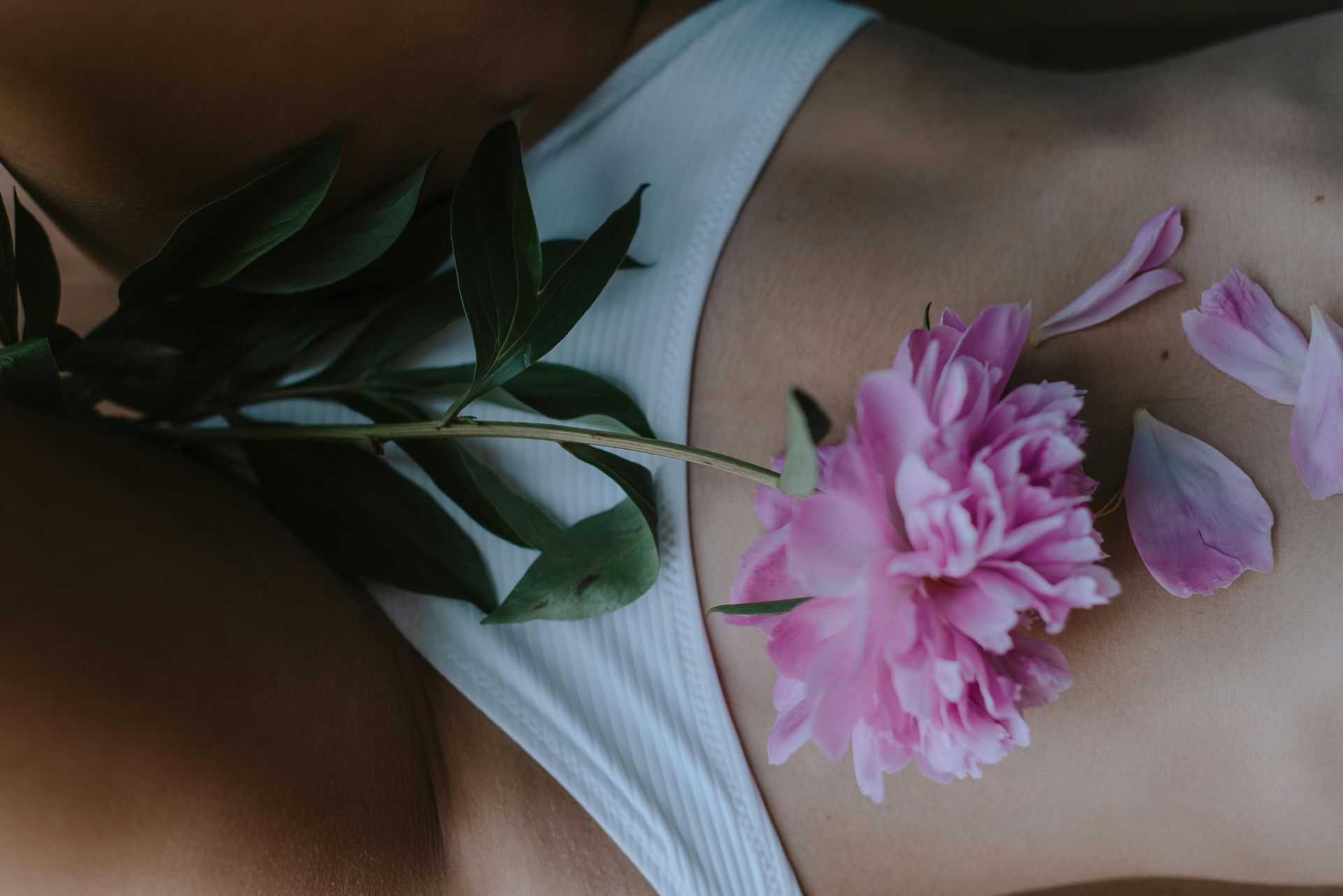 Pink flower petals on a person’s white swimsuit against a dark background
