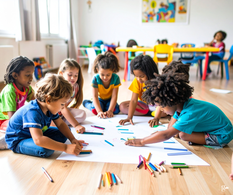 A woman is giving a child a high five in front of a blackboard
