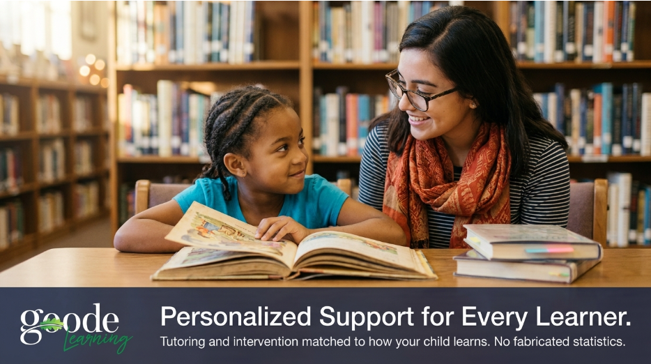 Tutor helping a student read in a library, with banner text: 
