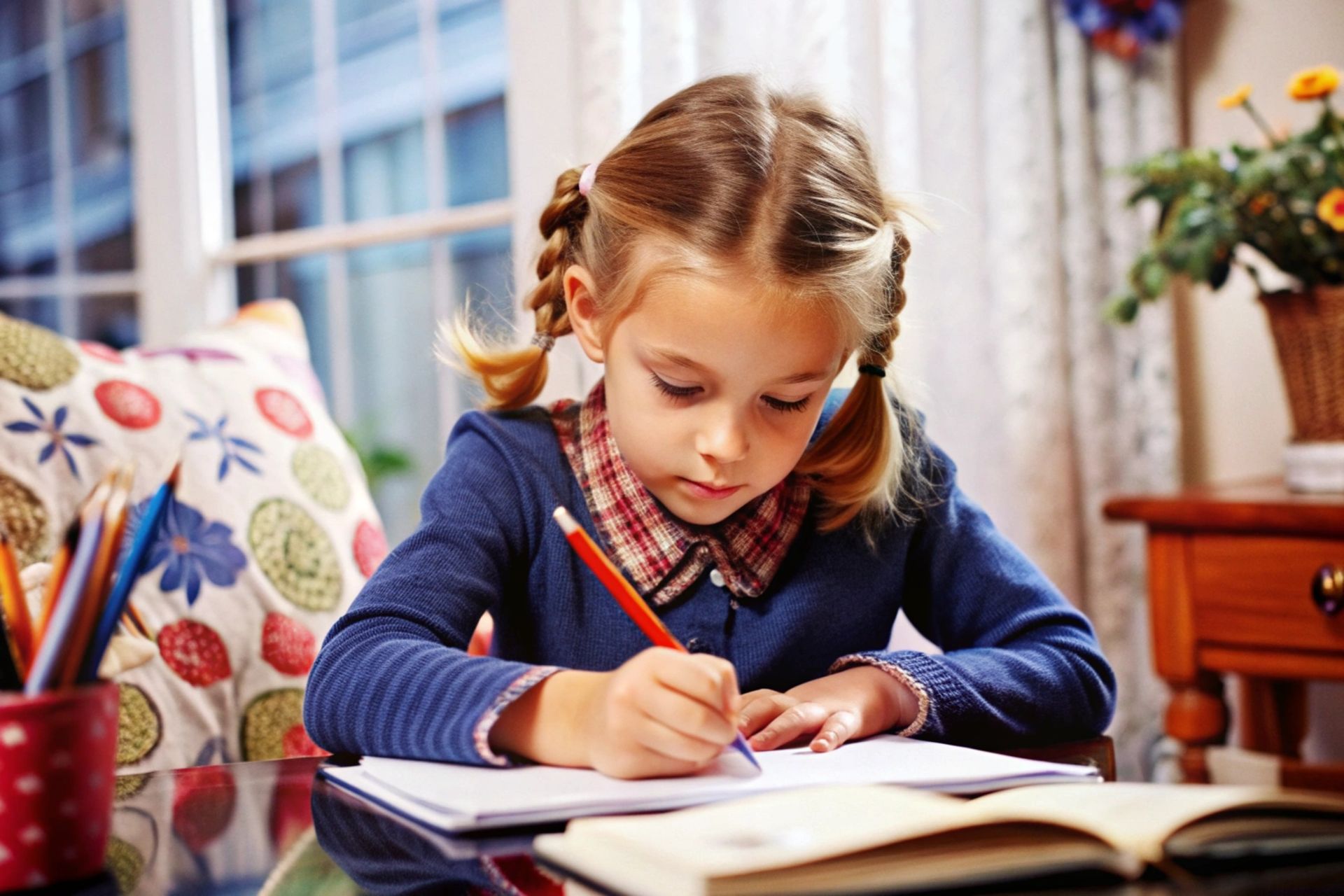 A little girl is sitting at a desk writing in a notebook.