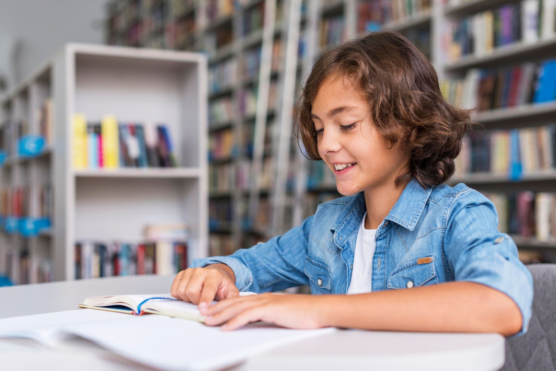 A young boy is sitting at a table in a library reading a book.