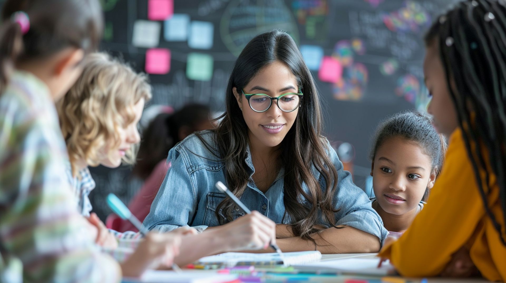 A teacher is teaching a group of children in a classroom.