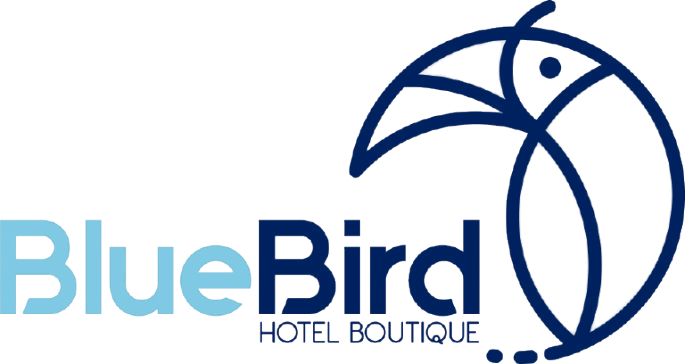 Logotipo de BlueBird Hotel Boutique en azul con icono de pájaro estilizado