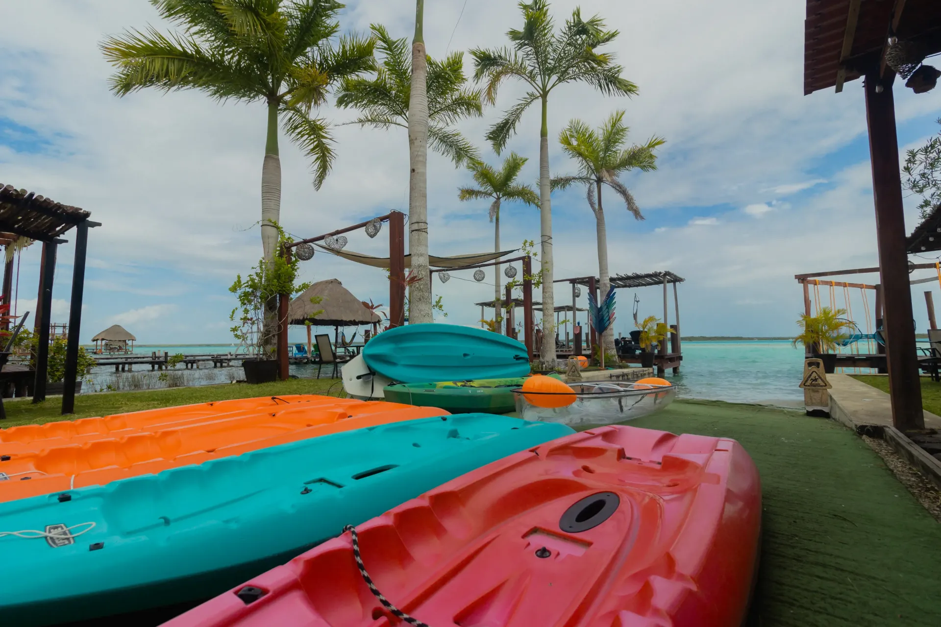 Kayaks de colores en una playa cubierta de hierba bajo palmeras, con vistas al océano.