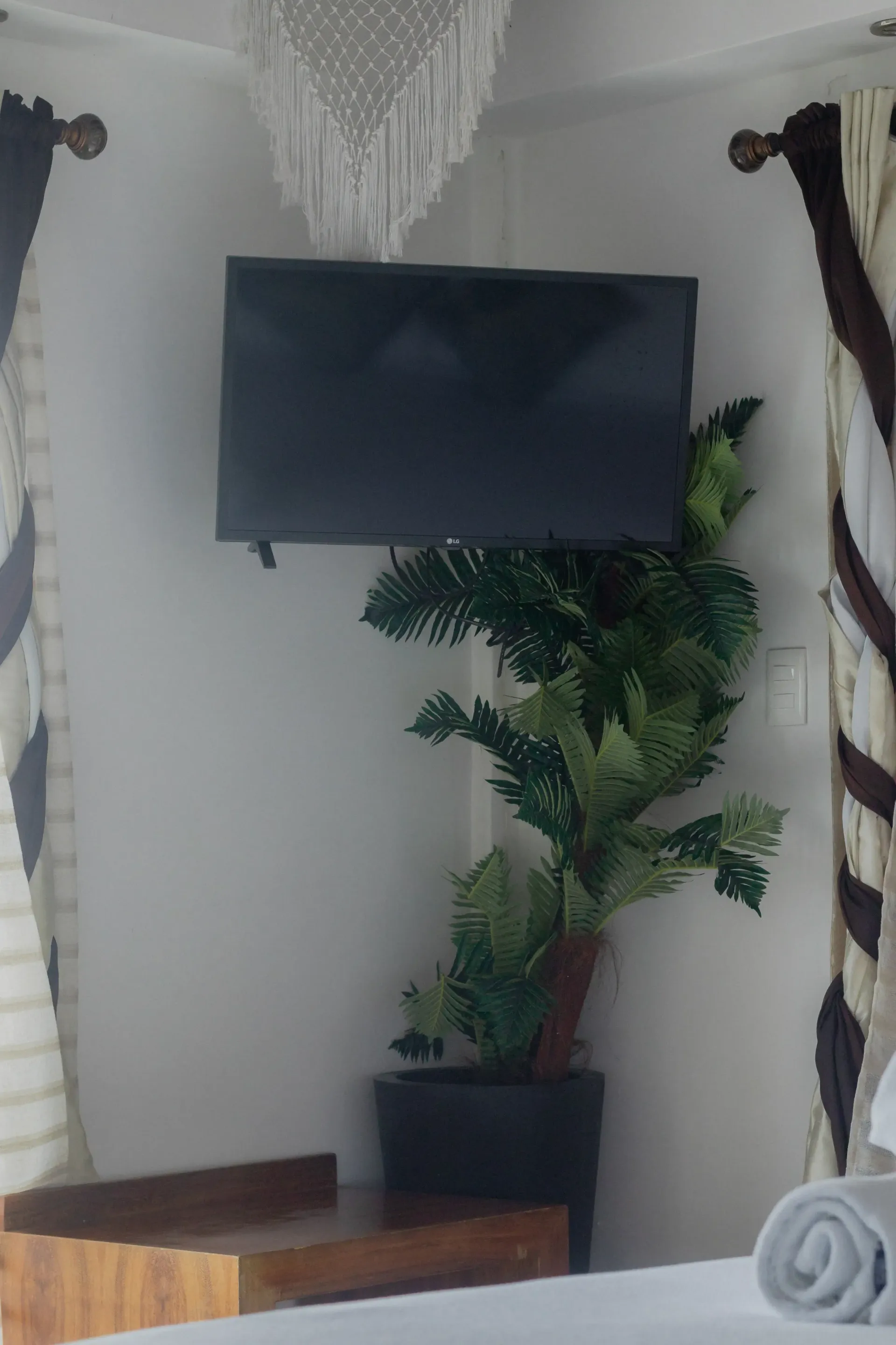 Televisor montado en la pared sobre una planta en maceta en un rincón acogedor con cortinas y una mesa de madera.
