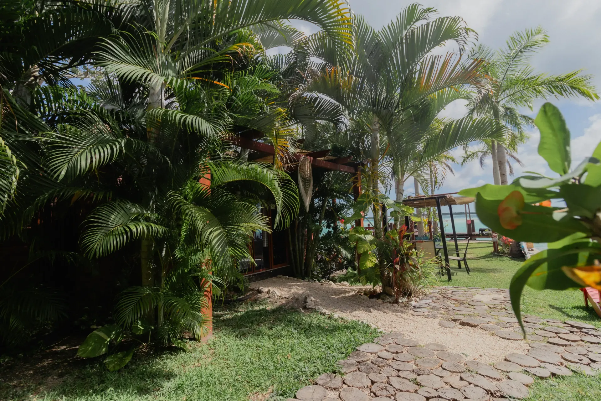 Sendero exuberante de jardín tropical con palmeras, vegetación y un patio soleado al fondo.