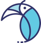 Logotipo estilizado de un tucán azul con contornos morados y tres pequeños puntos debajo.