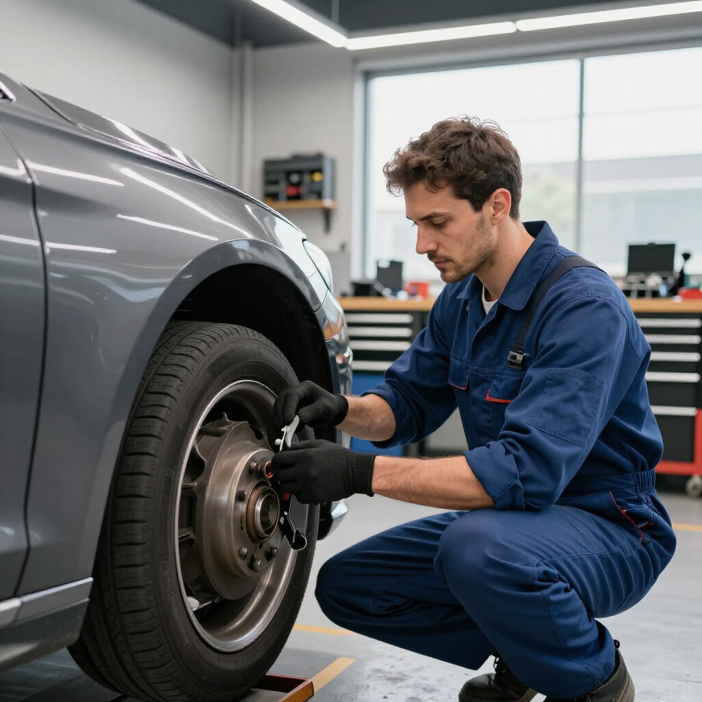 Mechanic in blue coveralls checking a car wheel after a brake repair in an auto shop