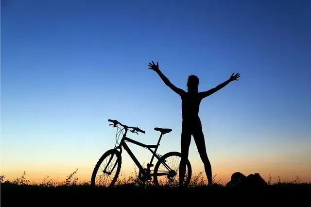 Silhouette of a person with arms raised beside a bicycle at sunset