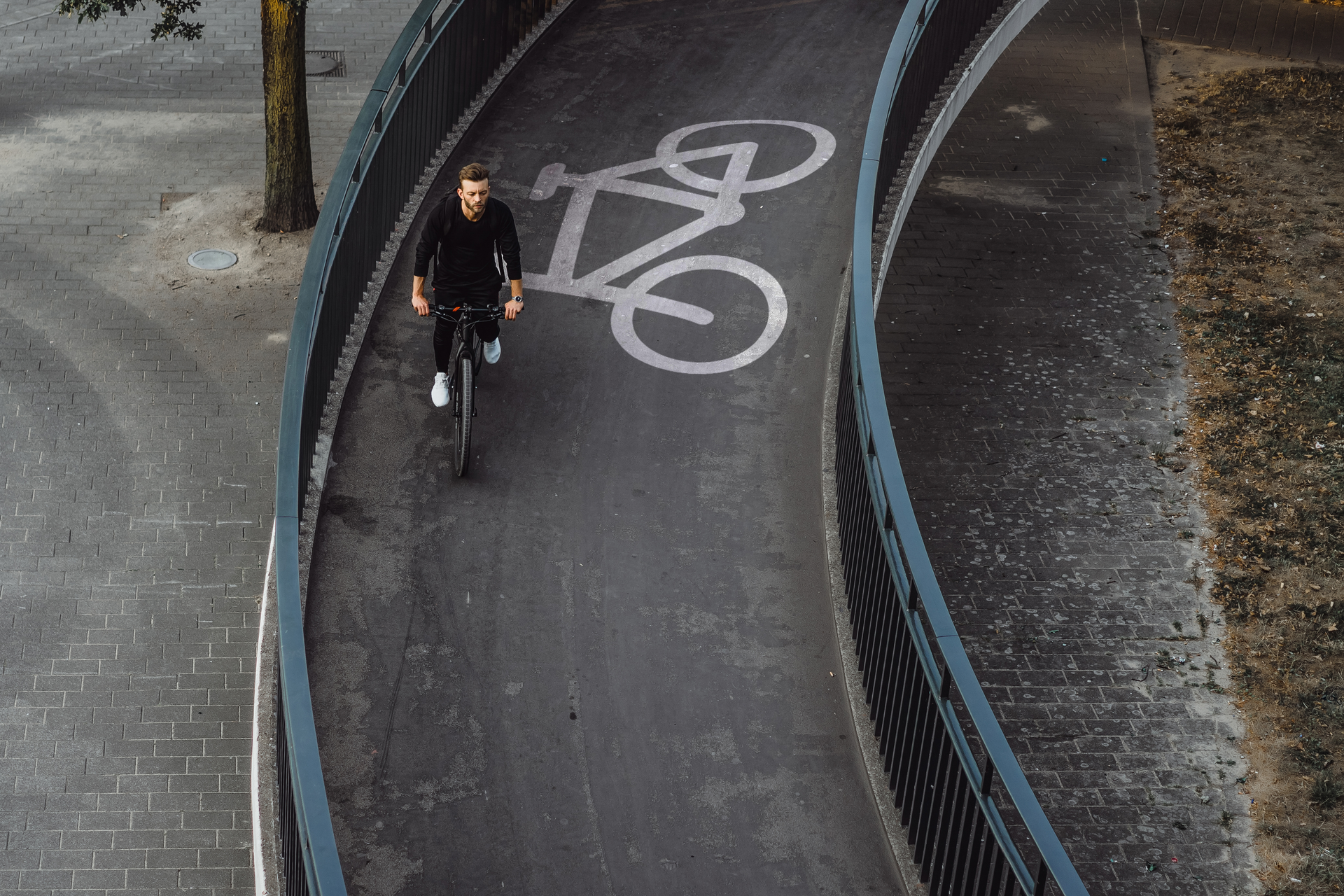 En person, der cykler på en buet, asfalteret sti markeret med et hvidt cykelsymbol.