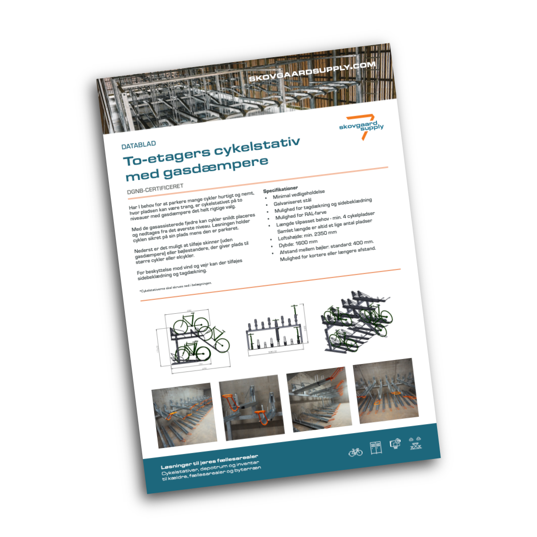 En brochure om to etagers cykelstativ med gasdæmper