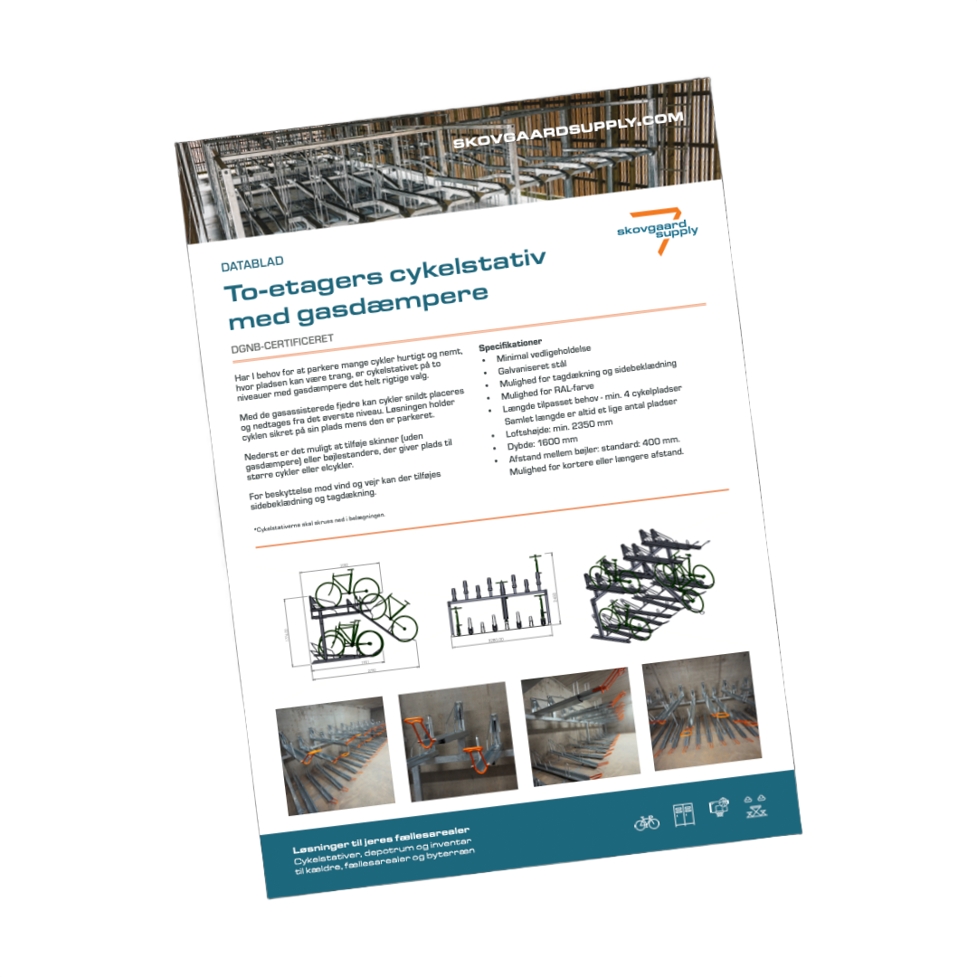 En brochure om to etagers cykelstativ med gasdæmper