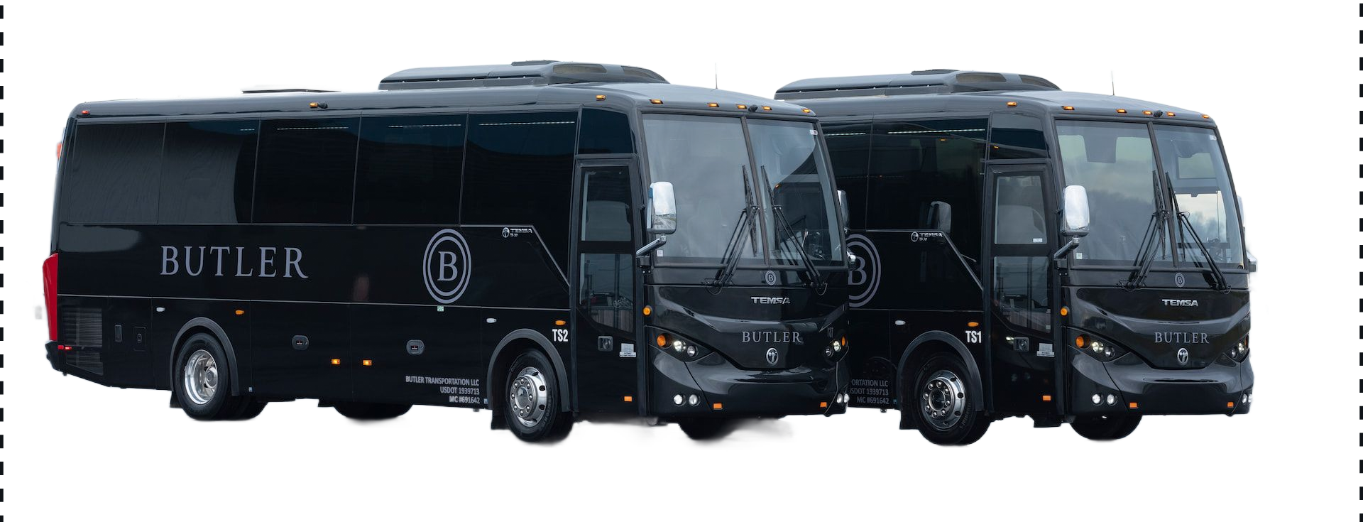 Two identical black Butler-branded buses parked side by side against a white background.