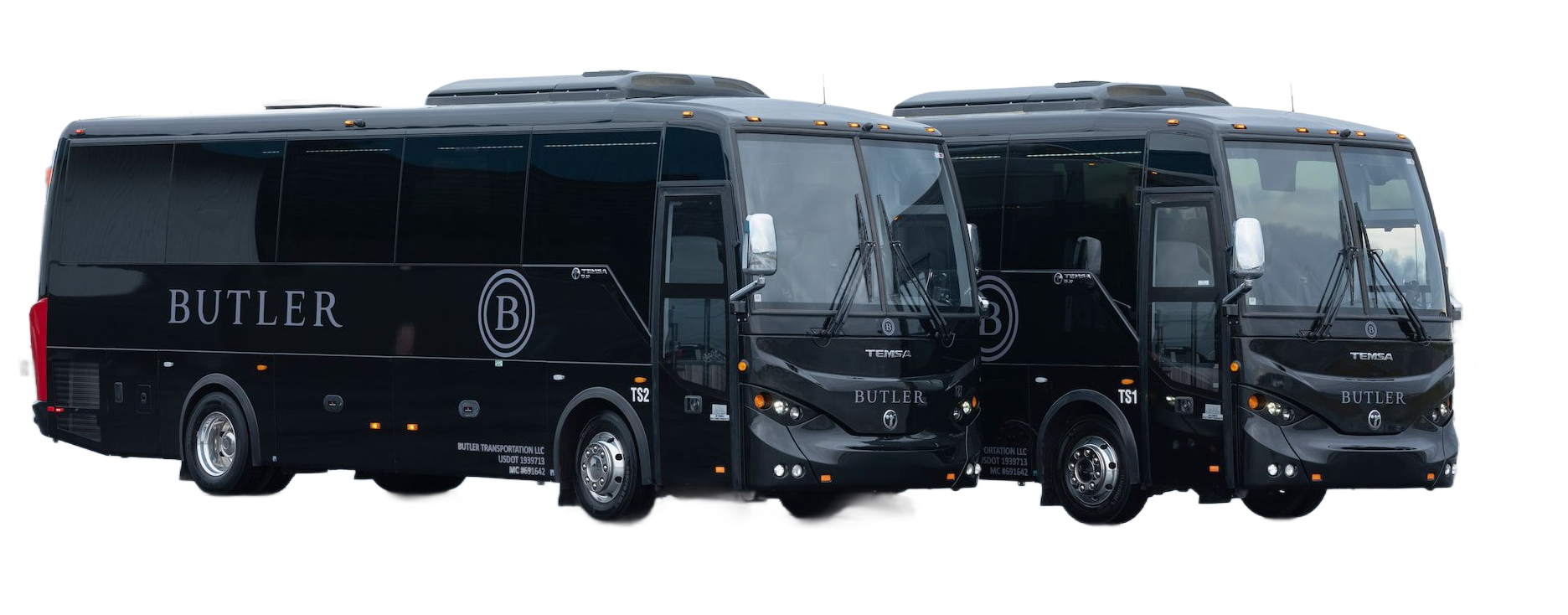 Two black Butler charter buses parked side-by-side against a white background.