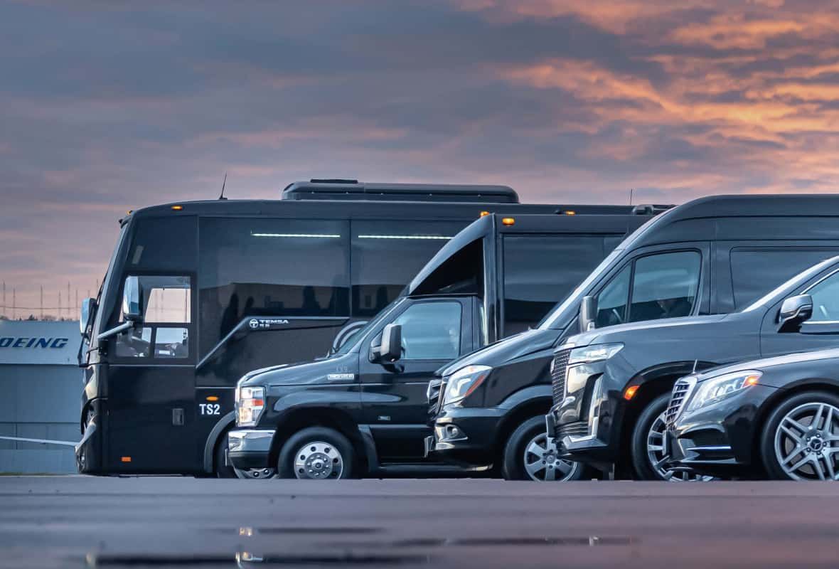 Black vans and a coach bus parked side by side at dusk.