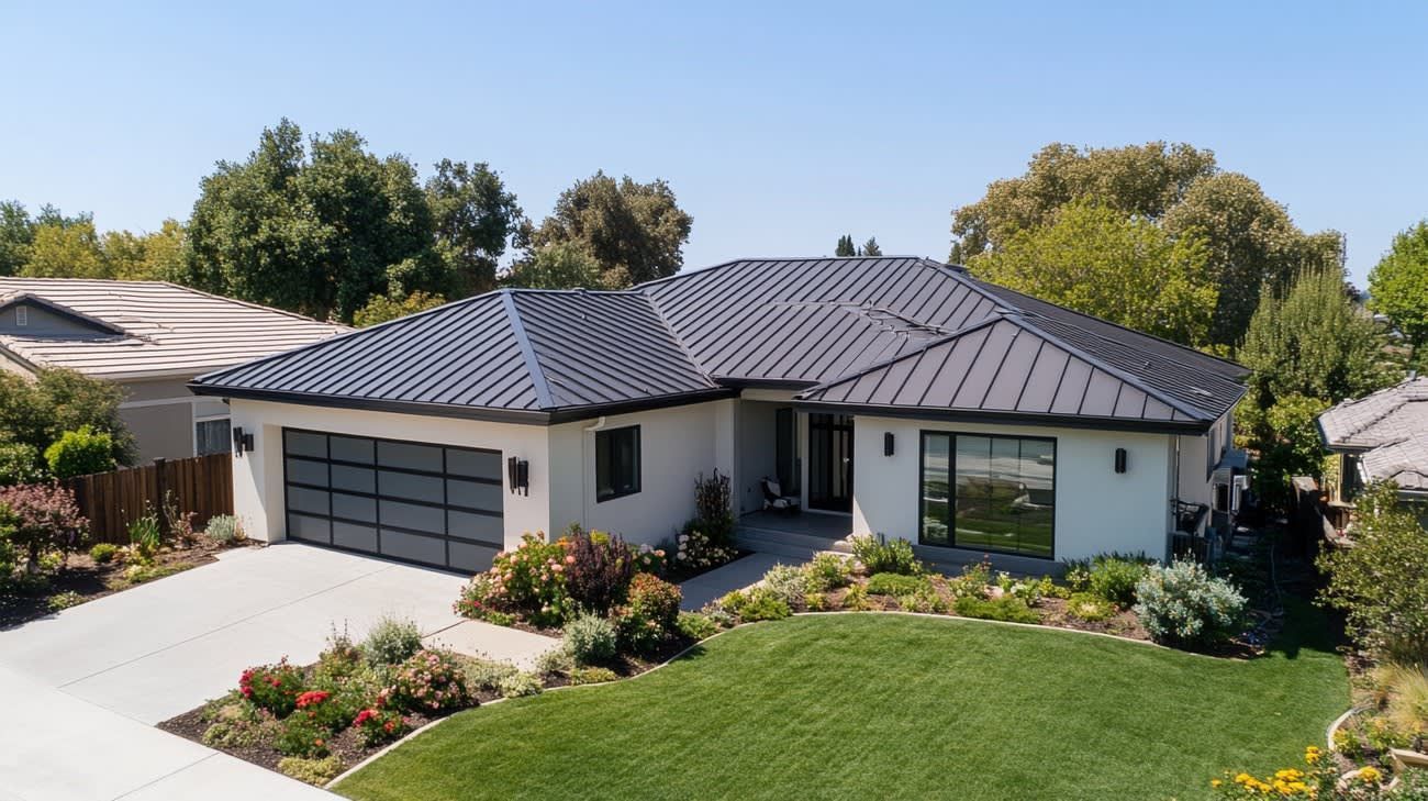 Modern single-story house with black tiled roof, beige exterior, glass garage doors, and landscaped yard.