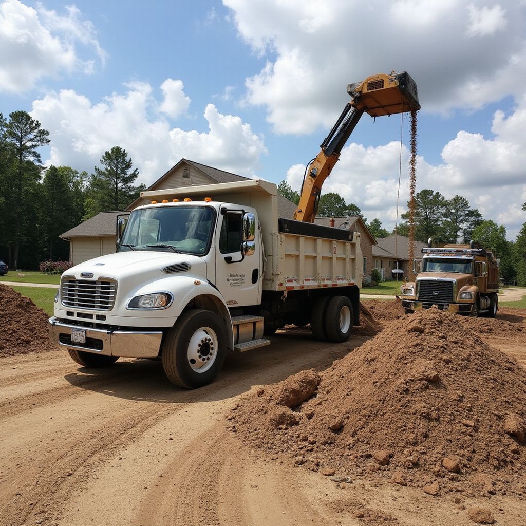 Excavator loading dirt into a white dump truck, another truck in the background, piles of dirt, sunny day.