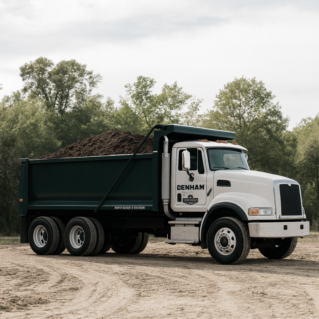 Dump truck with a load of dark material, parked on dirt in front of trees.