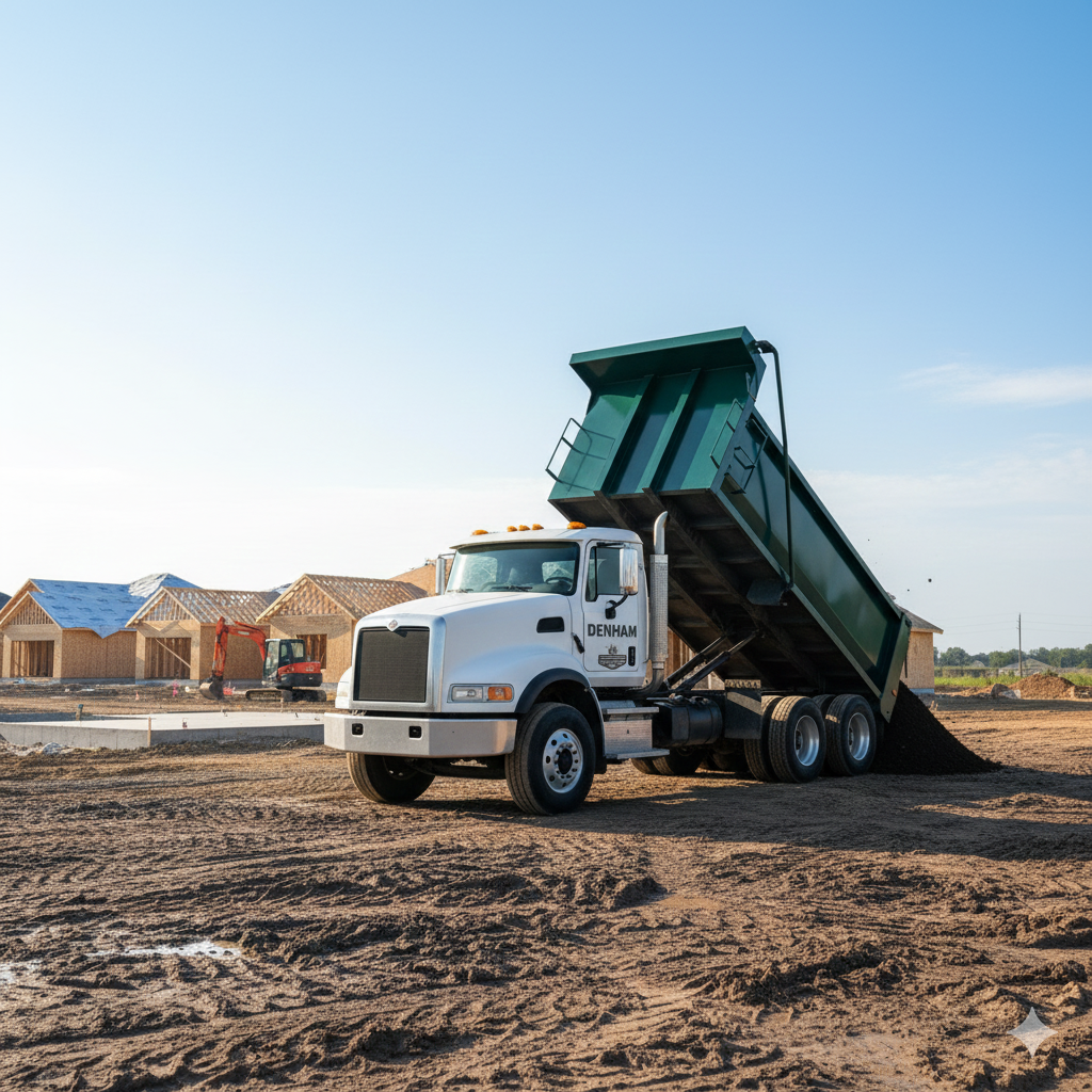 Dump truck dumping material at a construction site with houses under construction.