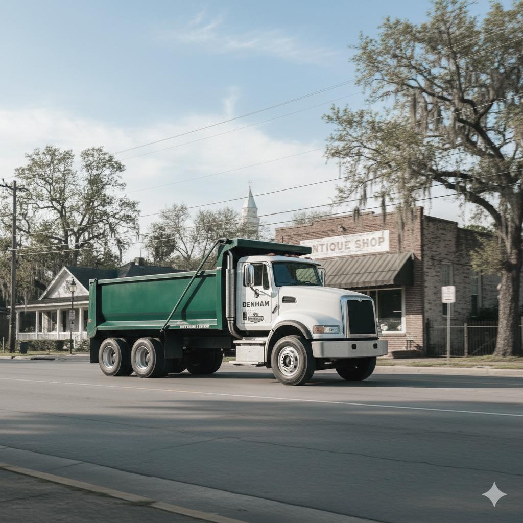 White dump truck on road, green bed, antique shop in background.