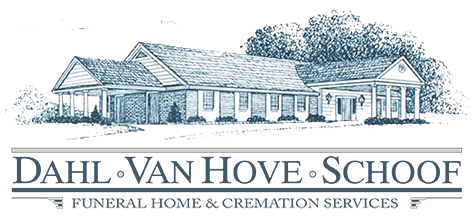 Line drawing of funeral home building with name &ldquo;DAHL&middot;VAN HOVE&middot;SCHOOF&rdquo; below.