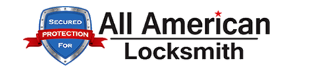 Logo for All American Locksmith. A blue and silver shield with a red ribbon. "Secured Protection" is written. Black text.