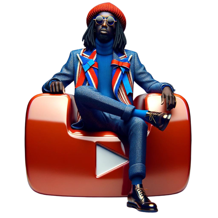 a statue of ablack man sitting with hair in dreadlocks on a youtube icon chair