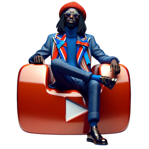 a statue of ablack man sitting with hair in dreadlocks on a youtube icon chair