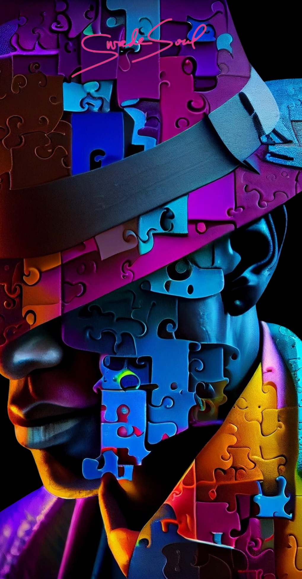 a man is wearing a hat made of puzzle pieces .