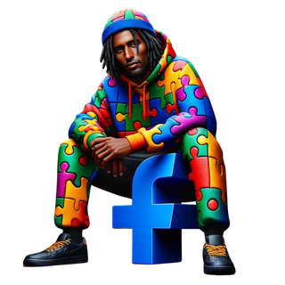 a man in a colorful hoodie sits on a facebook logo