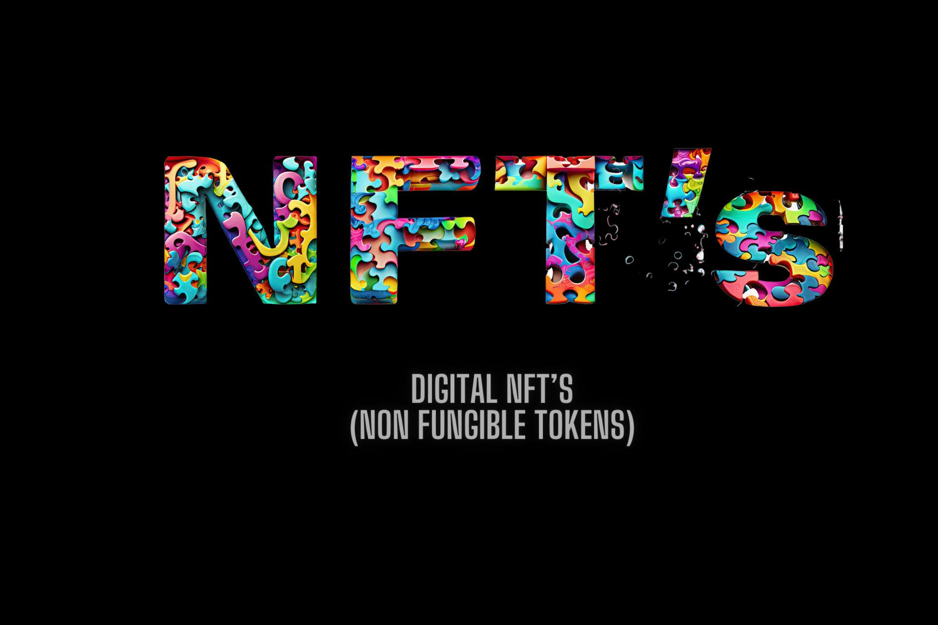the word nfts is written in colorful pixel art on a black background .