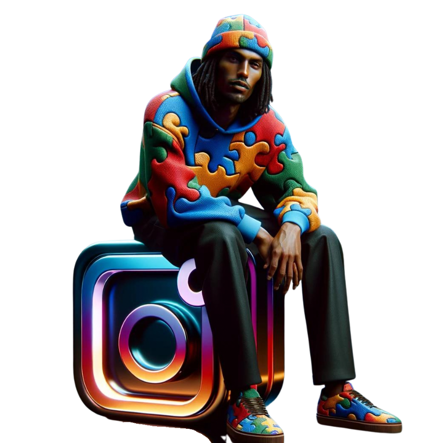 a black man in a colorful hoodie is sitting on a instagram logo .