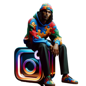 a black man in a colorful hoodie is sitting on a instagram logo .