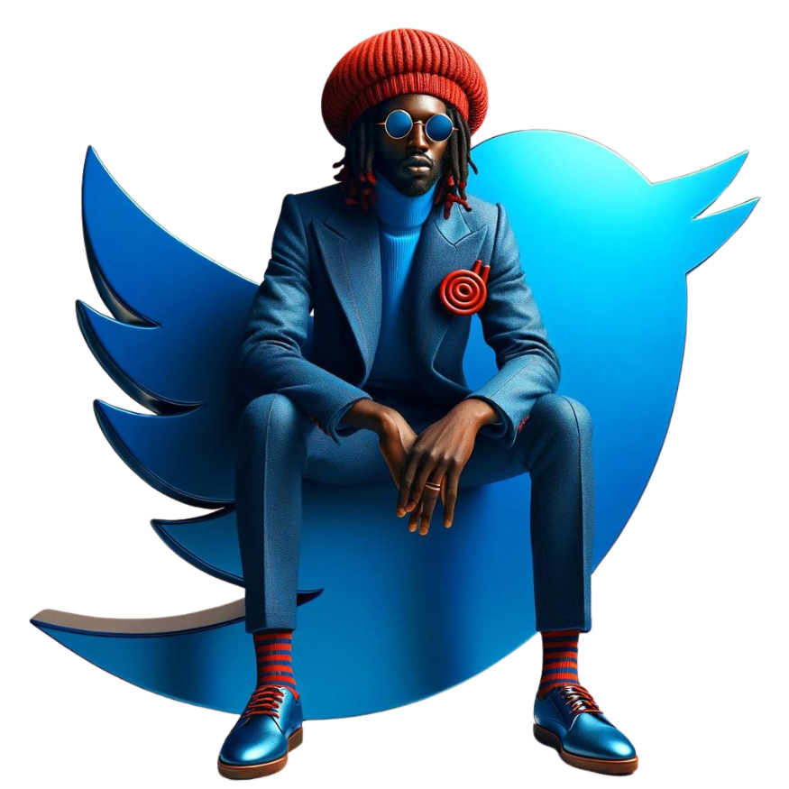 a black man with dreadlocks  in a suit and hat is sitting on a twitter logo