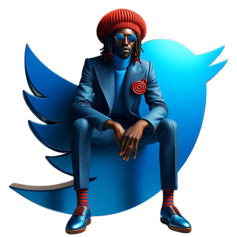 a black man with dreadlocks  in a suit and hat is sitting on a twitter logo