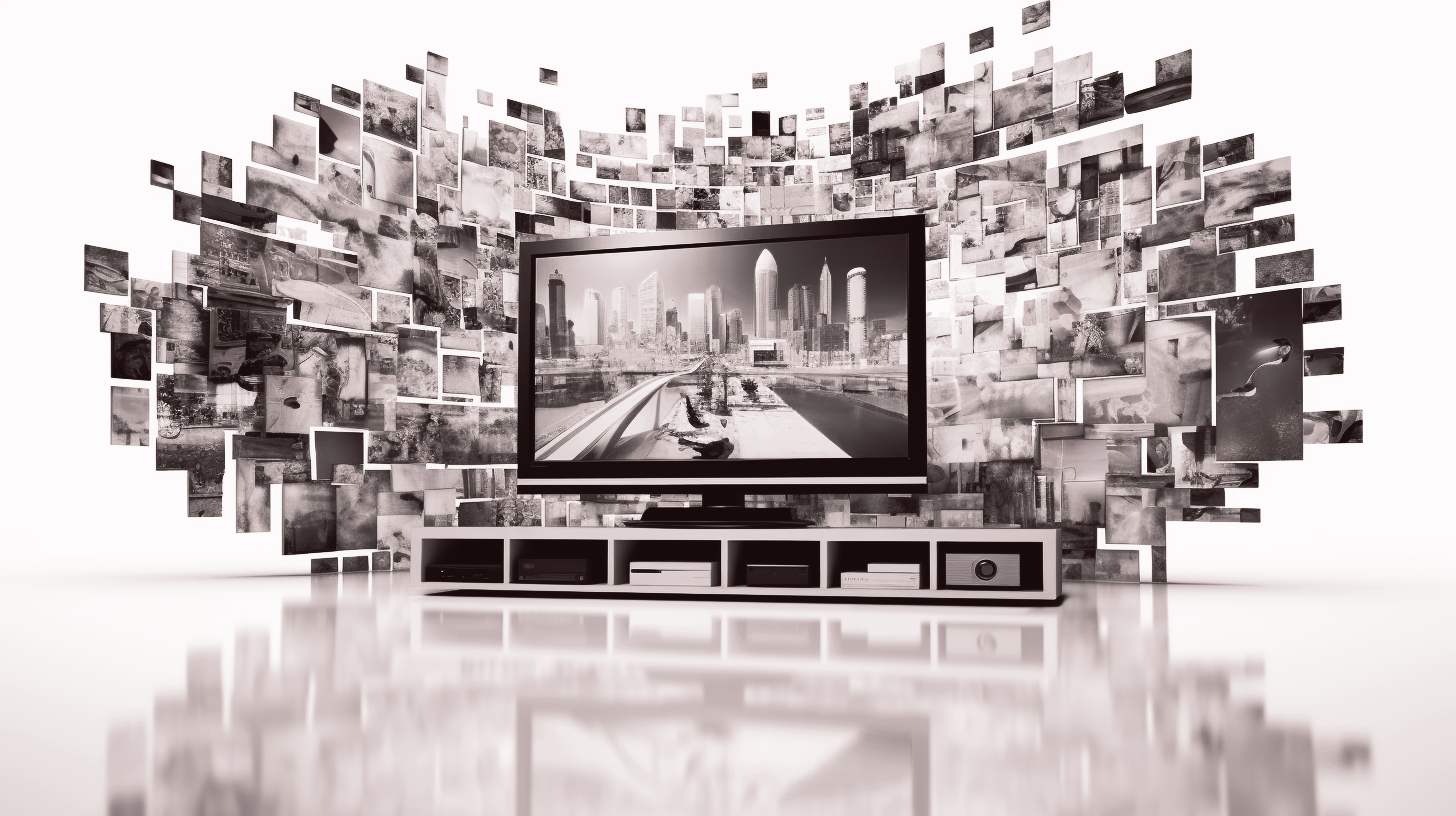 a television is surrounded by a collage of pictures