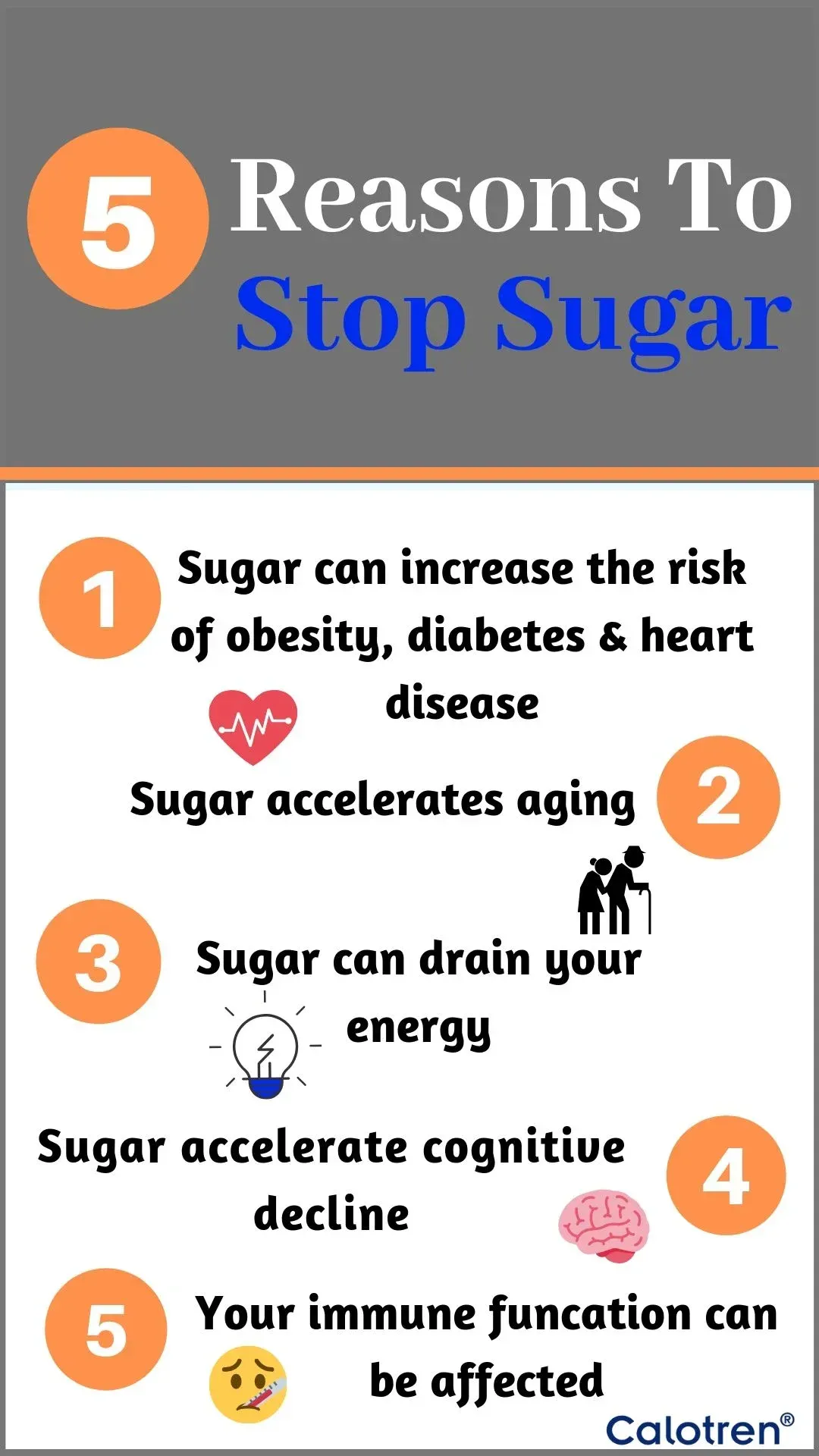 Infographic: 5 reasons to stop sugar, with text and icons about health risks.