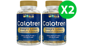 Two bottles of Calotren weight loss supplements. Blue labels, gold tops, white capsules.