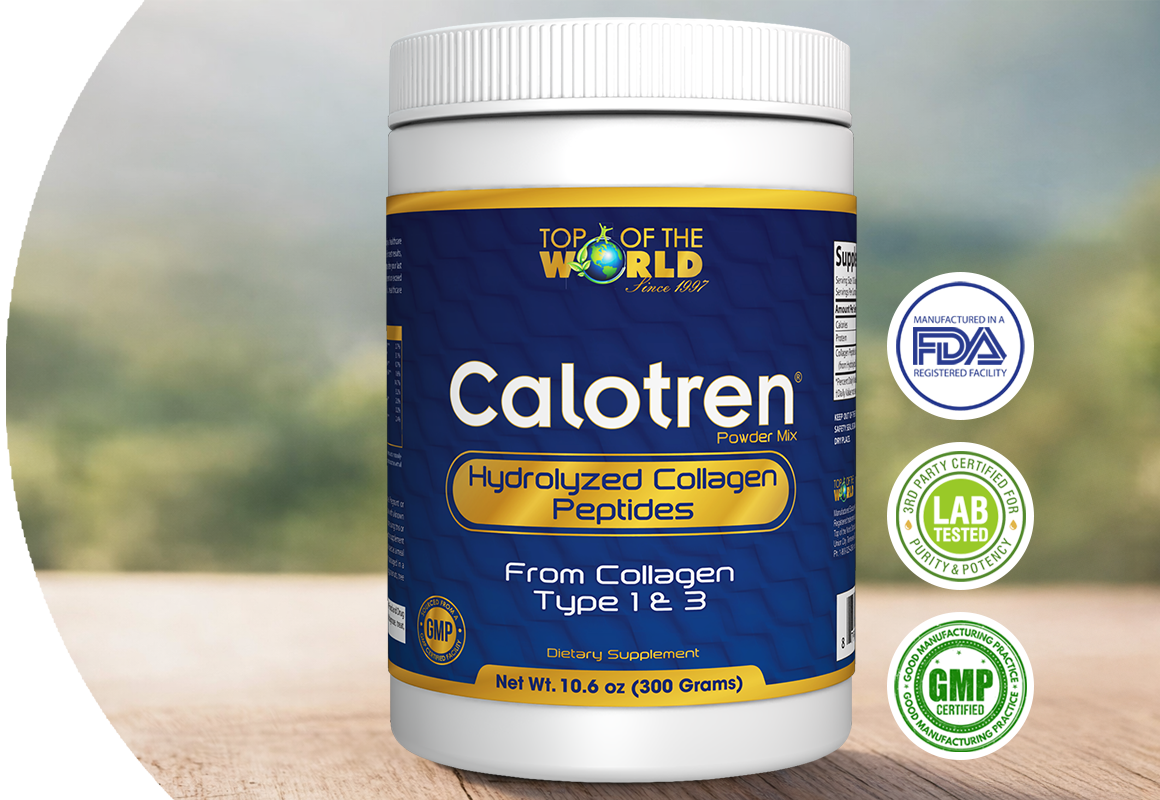 Bottle of Calotren weight loss capsules with FDA, lab, and GMP seals, blue label, beige capsules, blurred nature background.