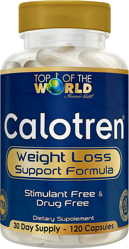 Bottle of Calotren weight loss capsules with blue and gold label. Contains 120 capsules.