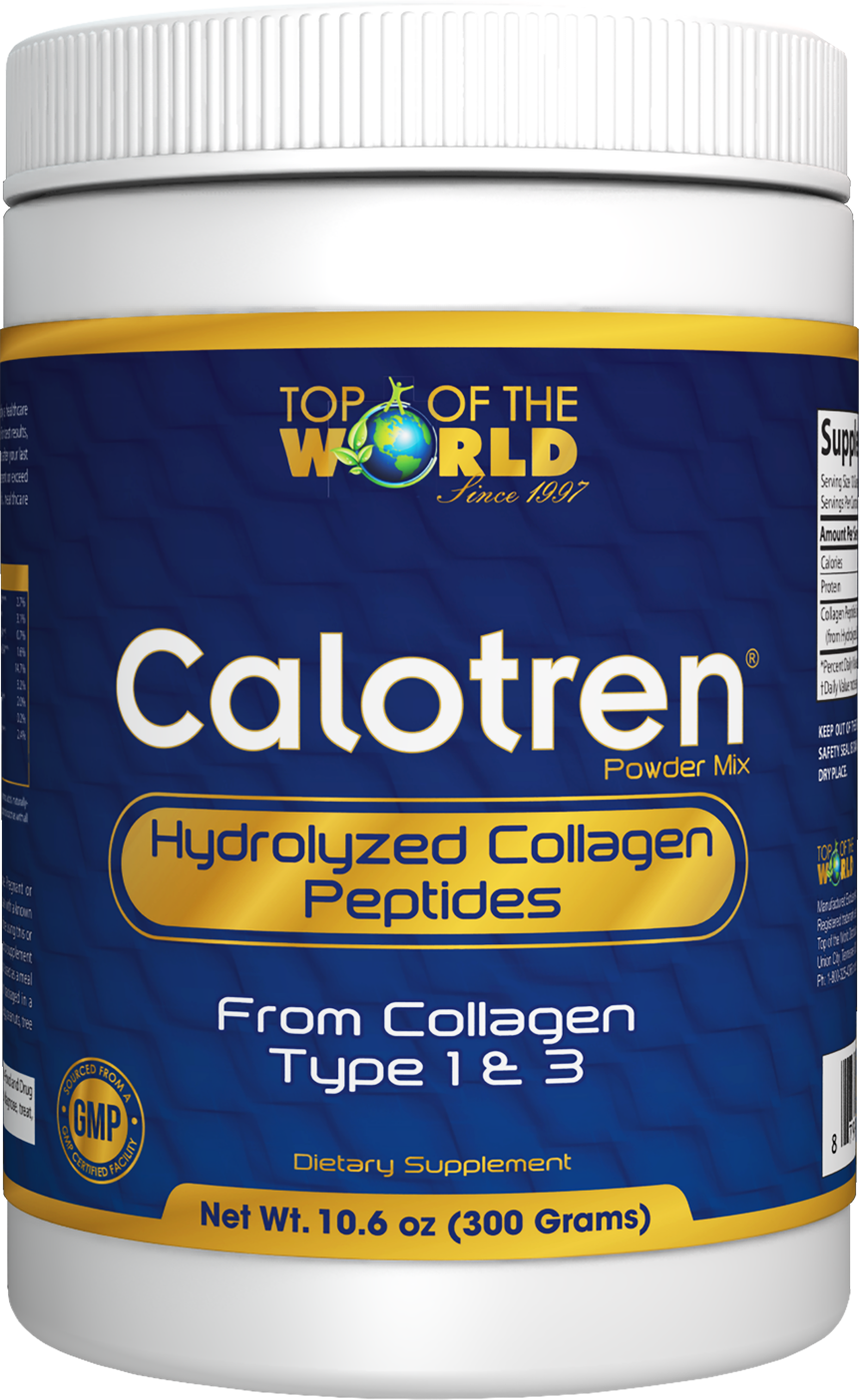 Calotren Hydrolyzed Collagen Peptides powder supplement container, blue and gold label.