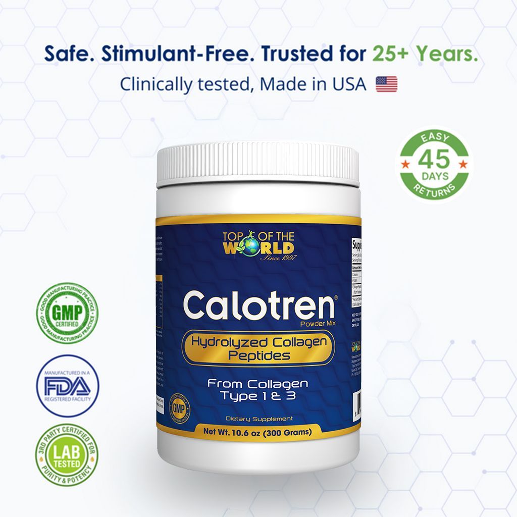 Jar of Calotren hydrolyzed collagen peptides with labels indicating safety and clinical testing, made in the USA.