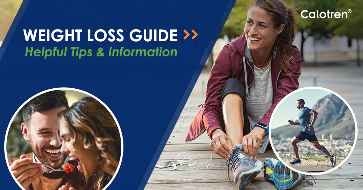 Weight loss guide with a woman tying shoes, a man running, and a couple enjoying a meal.