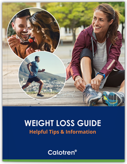 Weight loss guide cover. Woman smiles, tying running shoe. Other photos: couple, runner. Blue, white text. Calotren logo.