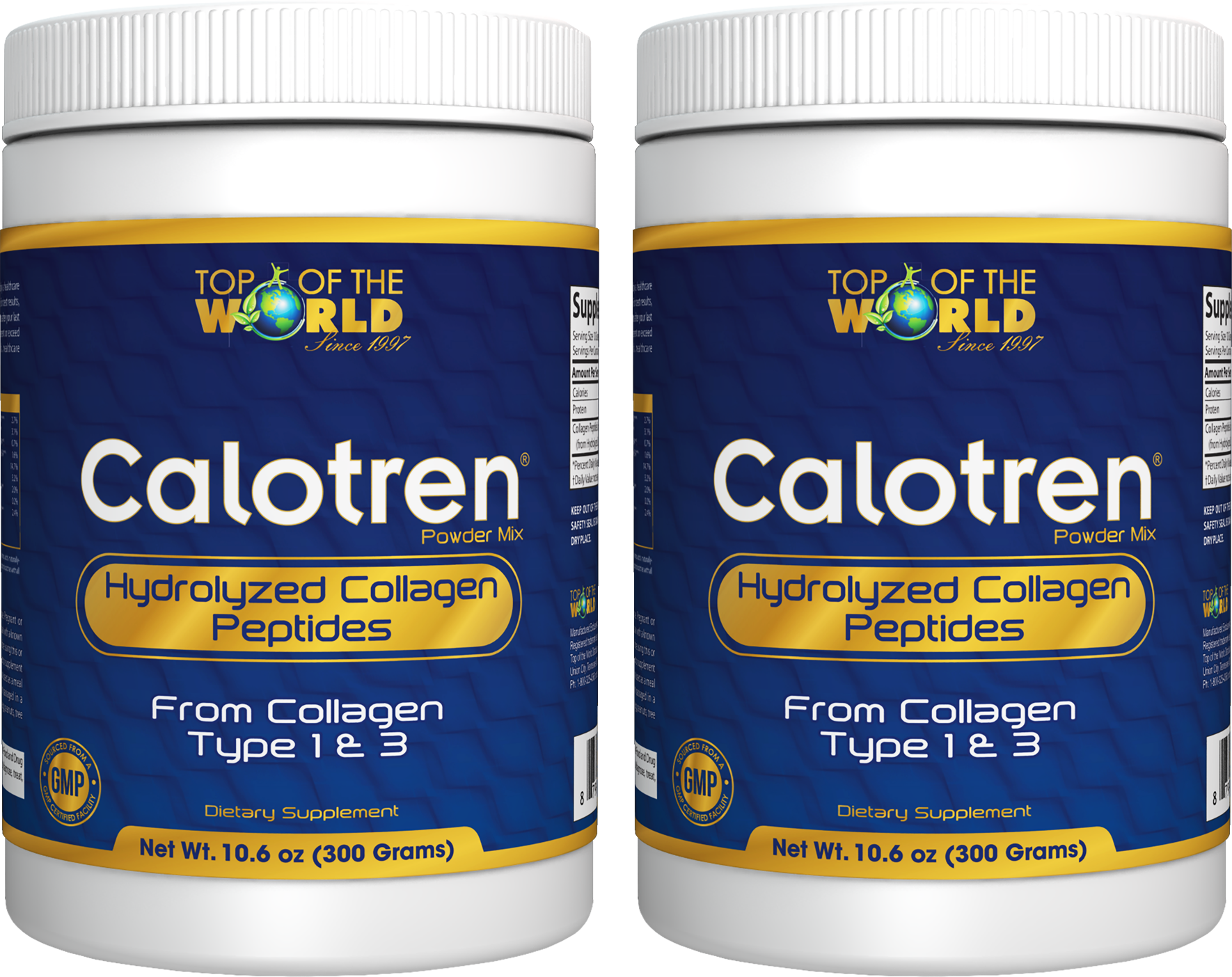 Two containers of Calotren hydrolyzed collagen peptides powder. Blue and gold labels.