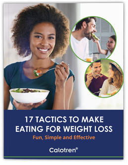 Woman eating salad, smiling, with smaller photos of a family. Text: 17 Tactics to Make Eating for Weight Loss.