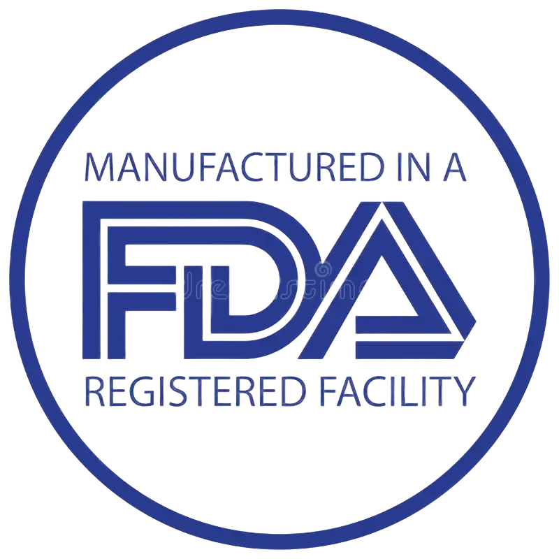 FDA registered facility seal, blue and white circular logo.