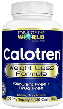 A white bottle of Calotren weight loss supplements with blue and gold labels; says 